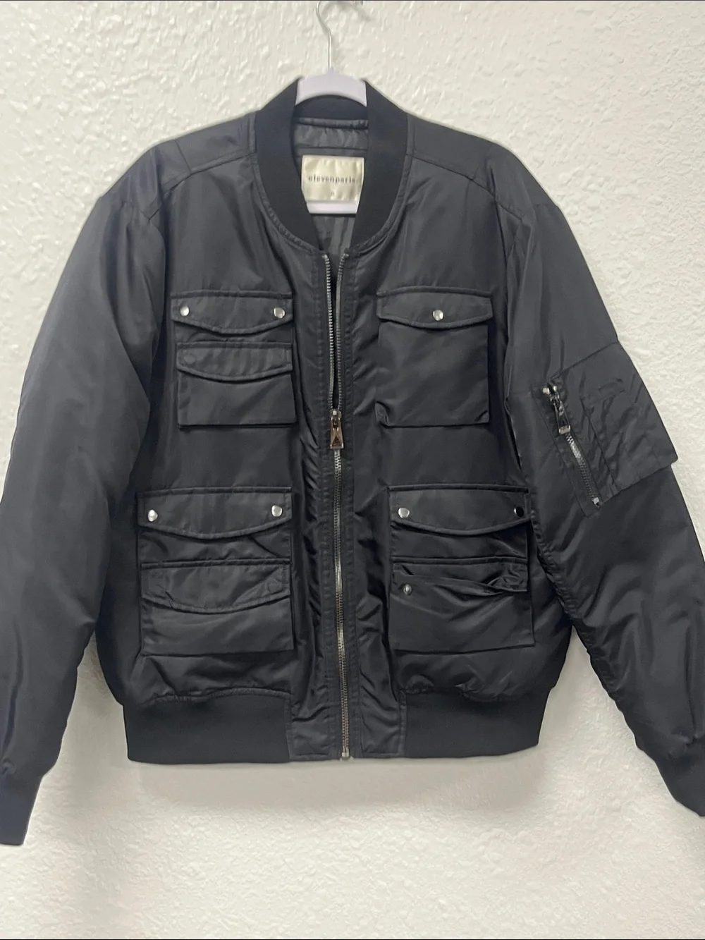 Eleven Paris Black Utility Bomber Jacket with Multiple Pockets